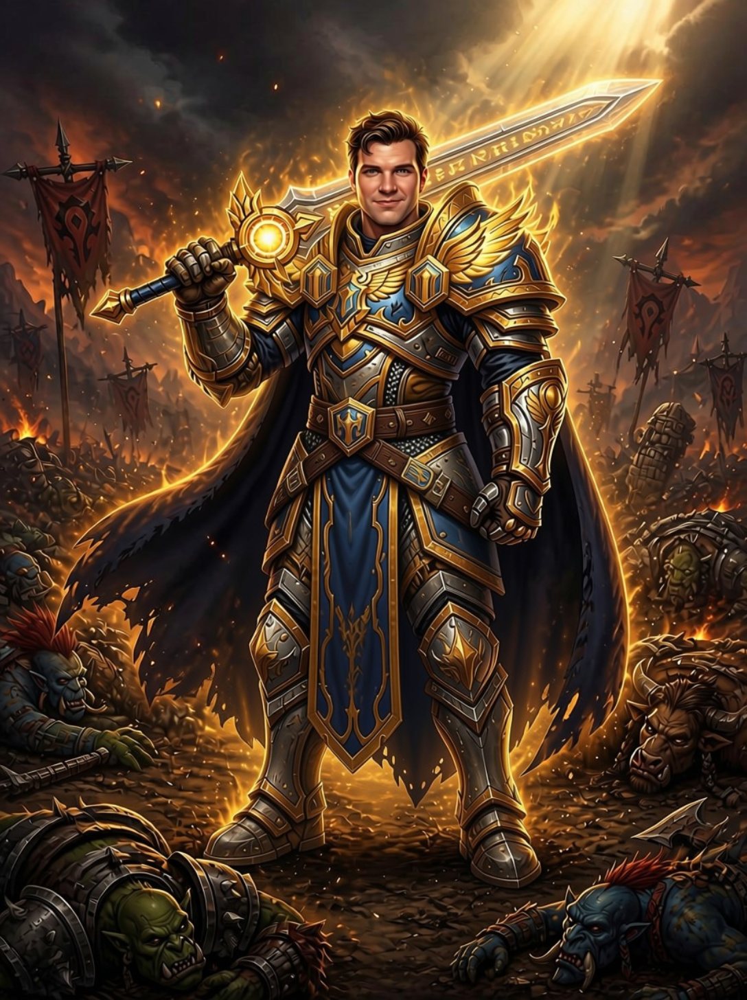 Hoodiedoes as an Alliance Retribution Paladin in gold and blue plate, holding a glowing two-handed sword