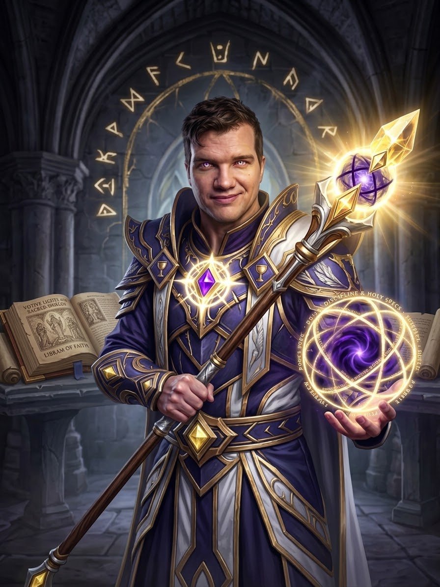 Hoodiedoes as a Discipline Priest, holding a radiant staff
