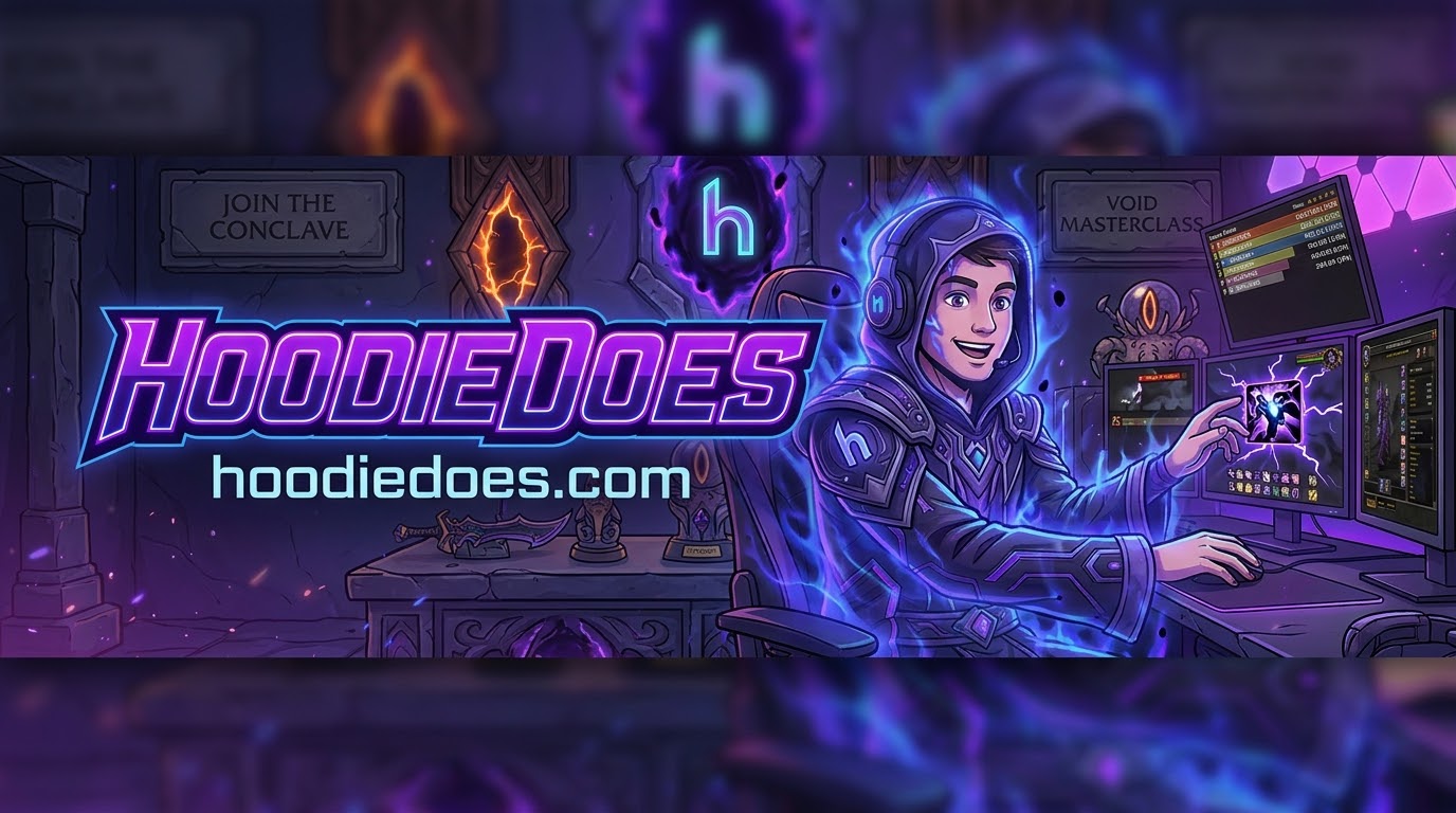 Hoodiedoes stream banner: a hooded streamer at his gaming setup surrounded by void magic